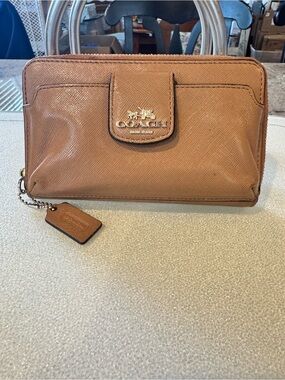 Coach Cognac Saffiano Leather Zip Wallet Wristlet